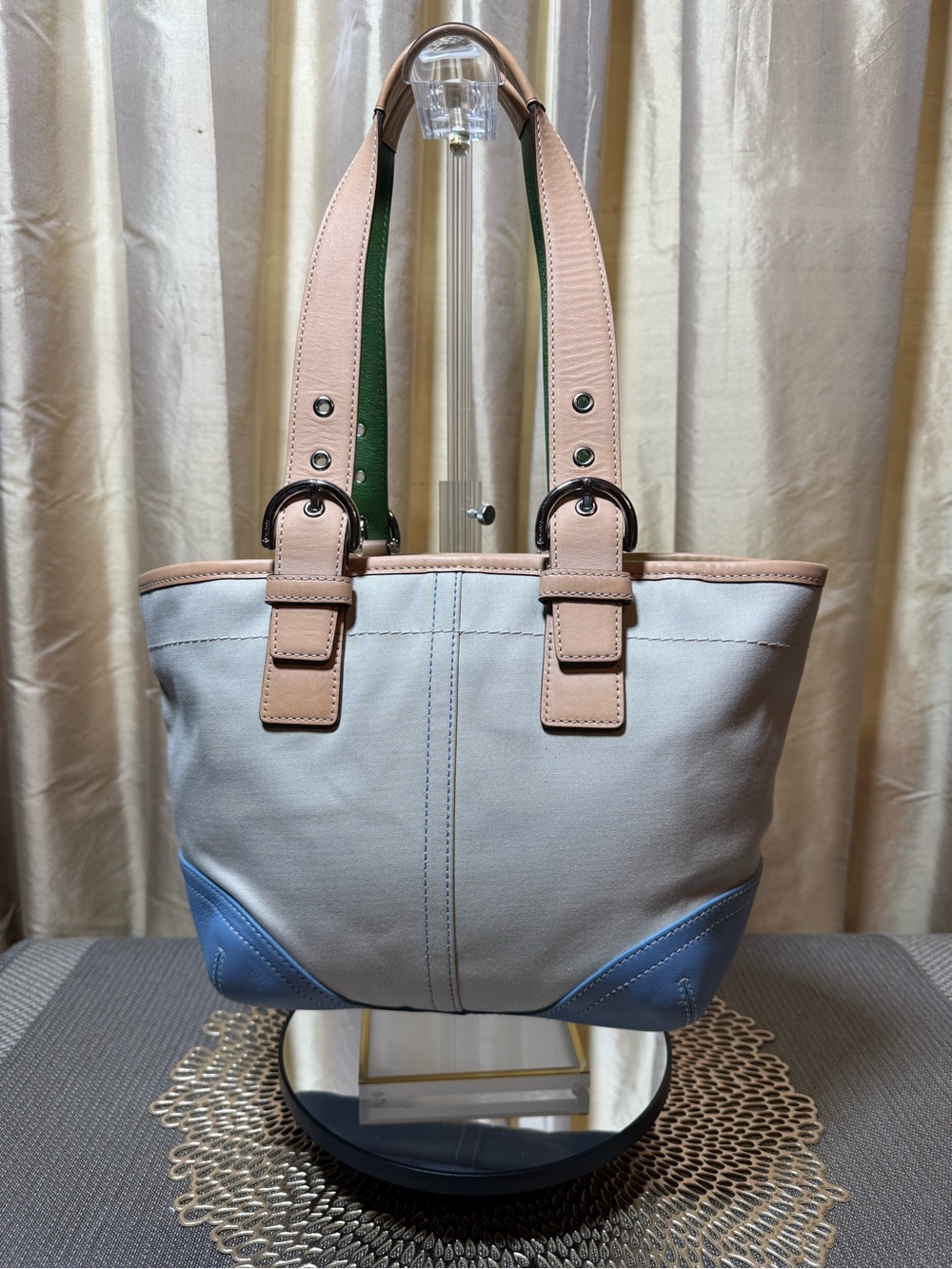 Coach Soho 2003 Daisy Tote 4428 Canvas Blue Trim Green Lining Y2K Rare Vintage - Picture 3 of 16